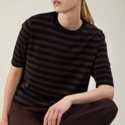 Maglia girocollo bicolore a maniche corte in lana merino extrafine - Thumbnail Image 1